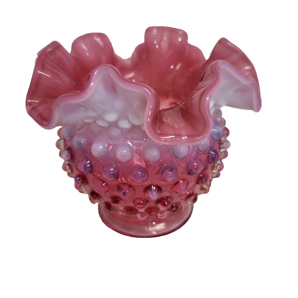 Vintage Fenton Cranberry Hobnail Opalescent Ruffled Rose Bowl